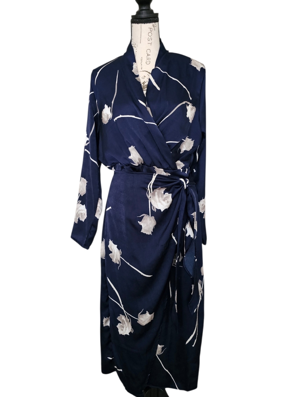 SHEIN Navy Blue Floral Wrap Dress with White Bloom Print